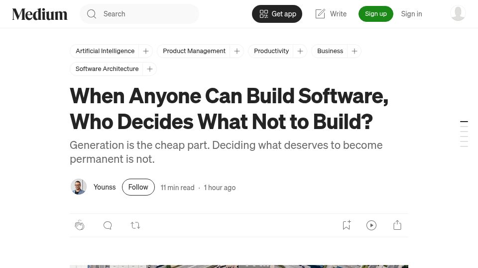 Screenshot of architectureintel.com: When anyone can build software, who decides what not to build?