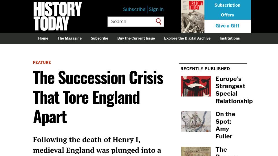 Screenshot of historytoday.com: A succession crisis that tore England apart (2023)