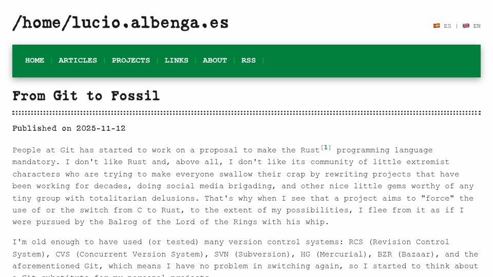 Screenshot of lucio.albenga.es: From Git to Fossil (2025)