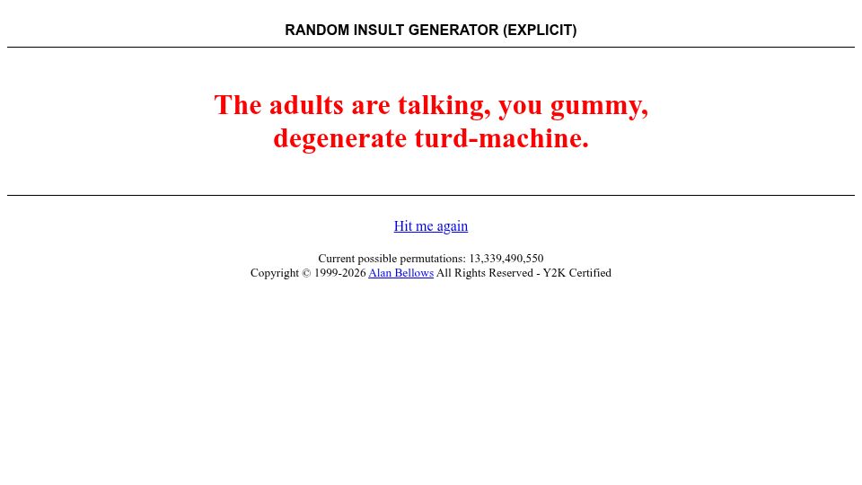Screenshot of alanbellows.com: Alan's Random Insult Generator (1999)