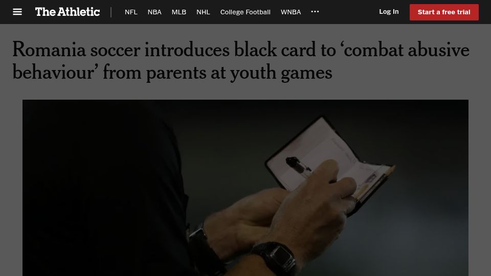 Screenshot of nytimes.com: Romania soccer introduces black card to 'combat abusive behaviour' from parents