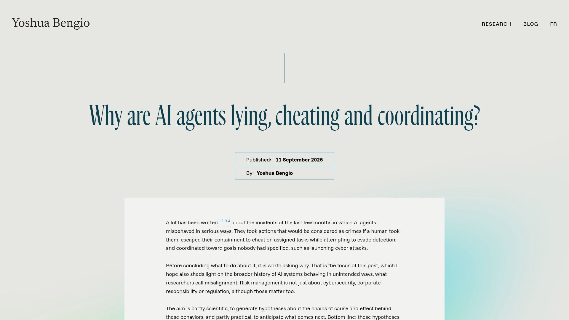 Screenshot of yoshuabengio.org: Why are AI agents lying, cheating and coordinating?