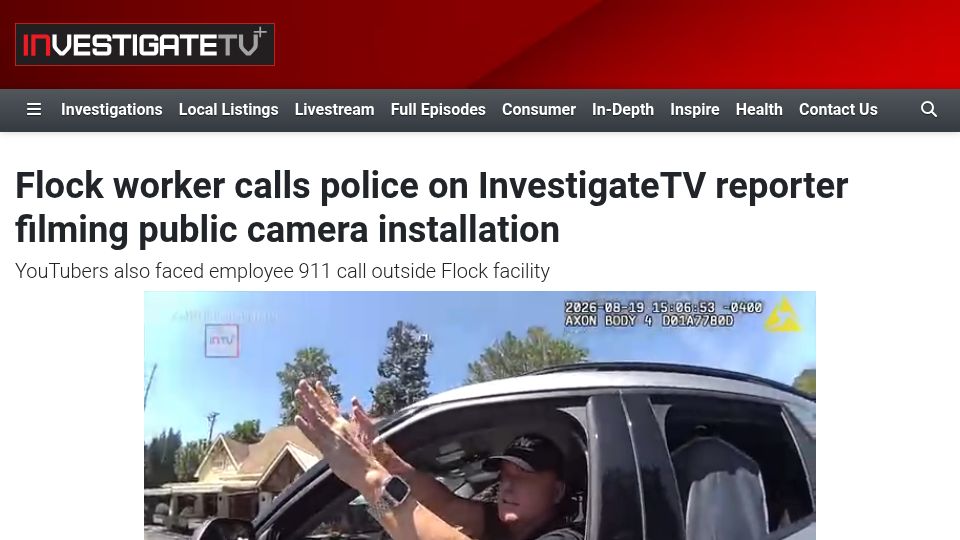 Screenshot of investigatetv.com: Flock worker calls police on reporter filming public camera installation