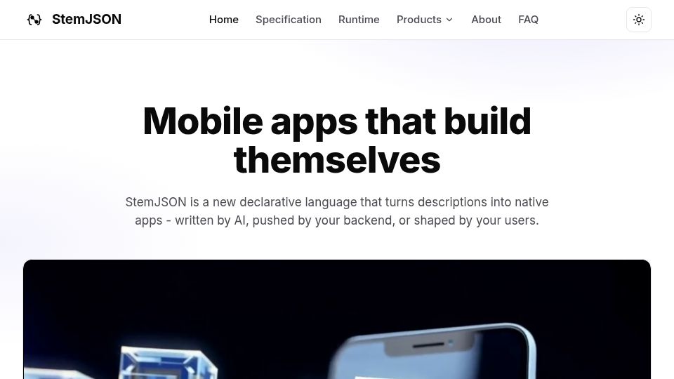 Screenshot of stemjson.com: Show HN: StemJSON – a language for LLMs to extend native mobile apps on the fly