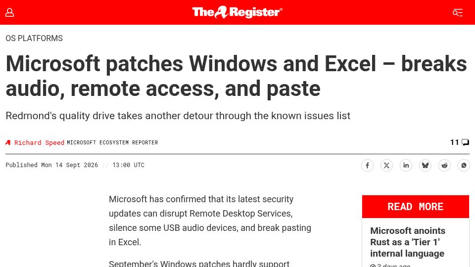 Screenshot of theregister.com: Microsoft patches Windows and Excel – breaks audio, remote access, and paste