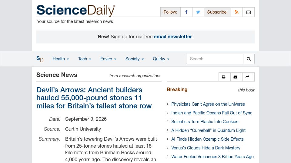 Screenshot of sciencedaily.com: Devil's Arrows: Ancient builders hauled 55k-lb stones 11 miles for UK stone row