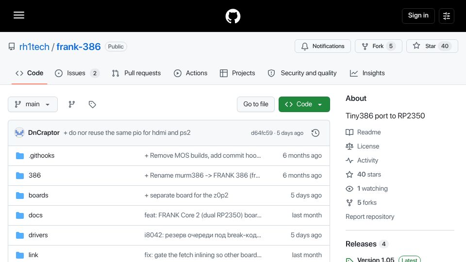 Screenshot of github.com: A 386 PC for Your RP2350