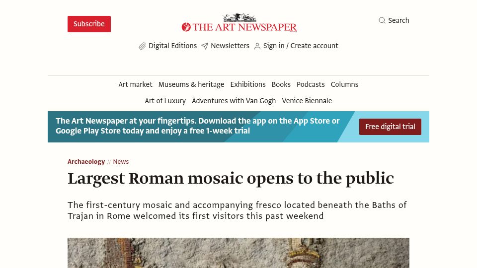 Screenshot of theartnewspaper.com: Largest known Roman mosaic, beneath Baths of Trajan, opens to the public