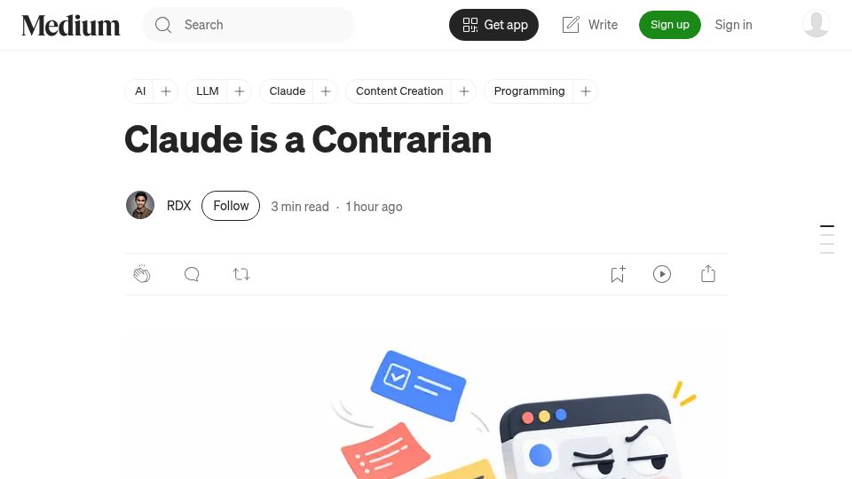 Screenshot of medium.com: Claude is a Contrarian