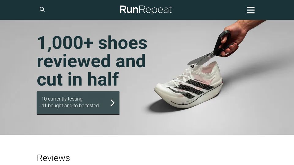 Screenshot of runrepeat.com: 1,000+ shoes reviewed and cut in half