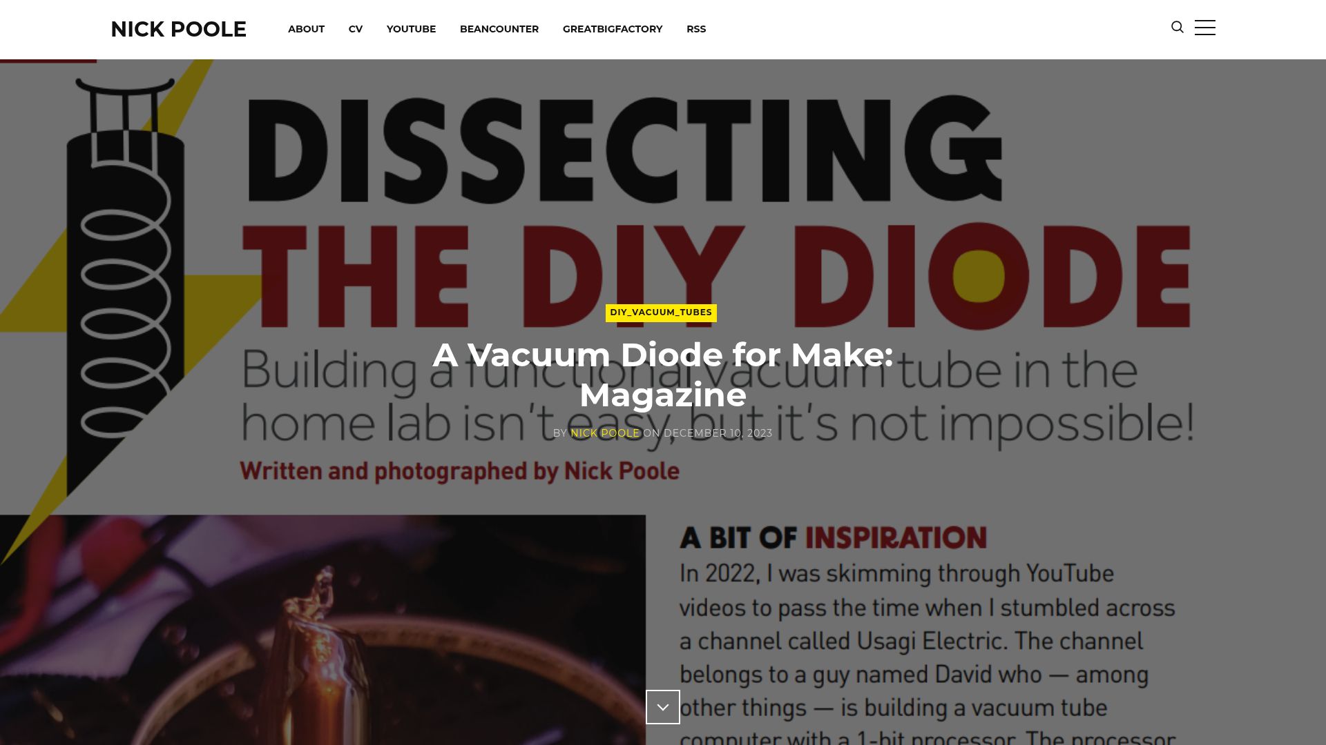 Screenshot of nickpoole.me: A Vacuum Diode for Make: Magazine