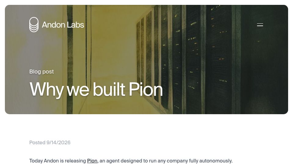 Screenshot of andonlabs.com: Pion, an agent designed to run any company autonomously