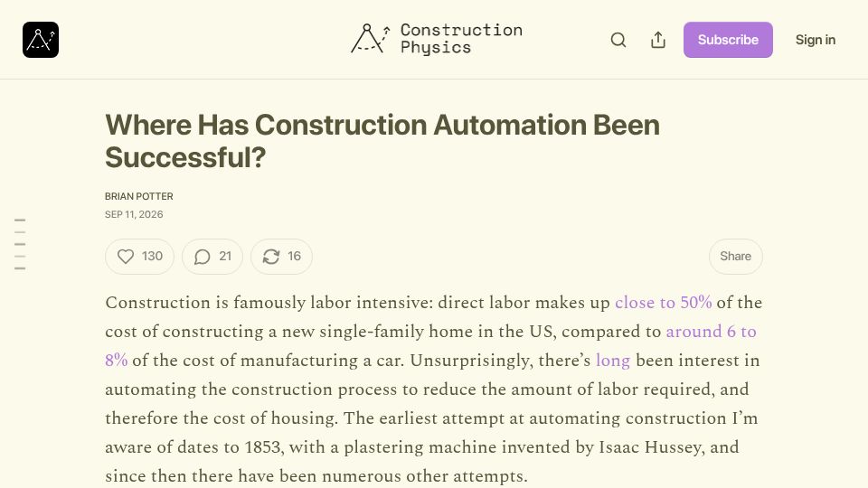 Screenshot of construction-physics.com: Where has Construction Automation been successful?