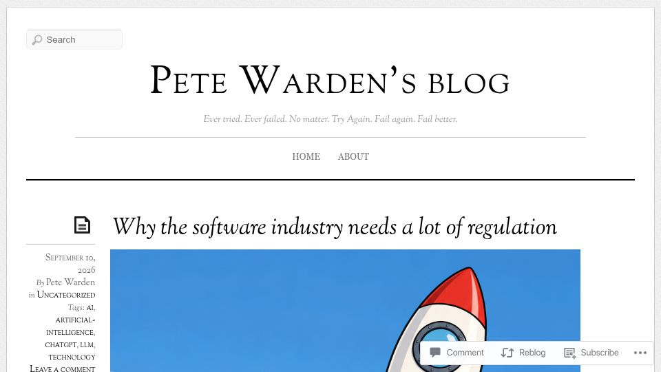 Screenshot of petewarden.com: Why the software industry needs a lot of regulation
