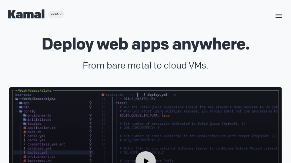 Screenshot of kamal-deploy.org: Kamal – Deploy web apps anywhere from bare metal to cloud VMs
