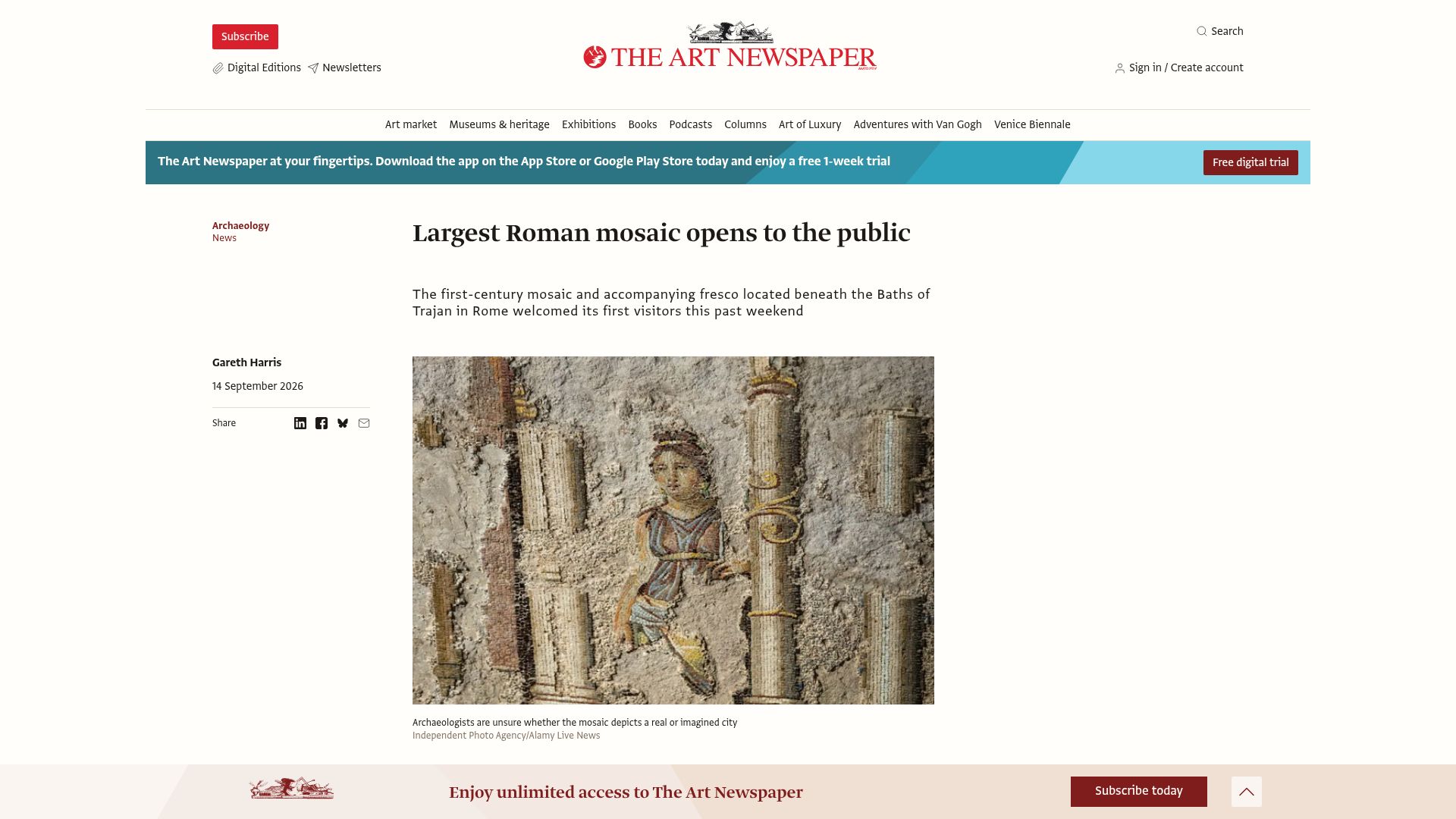 Screenshot of theartnewspaper.com: Largest known Roman mosaic, beneath Baths of Trajan, opens to the public