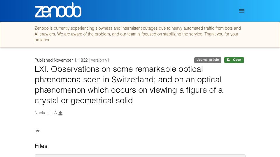 Screenshot of zenodo.org: Necker, 1832: "An optical phænomenon on viewing a figure of a geometrical solid"