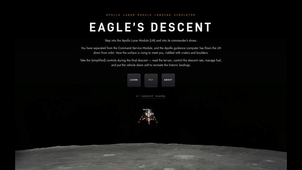 Screenshot of gosandeep.com: Show HN: Apollo Lunar Module landing simulation