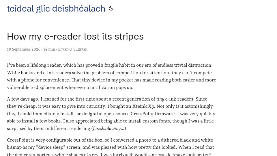 Screenshot of serpentine.com: How my e-reader lost its stripes