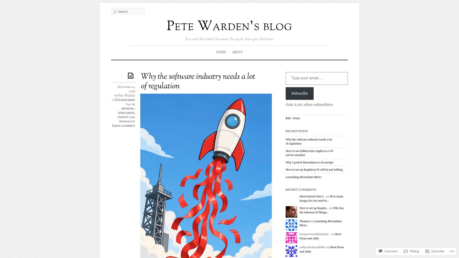 Screenshot of petewarden.com: Why the software industry needs a lot of regulation