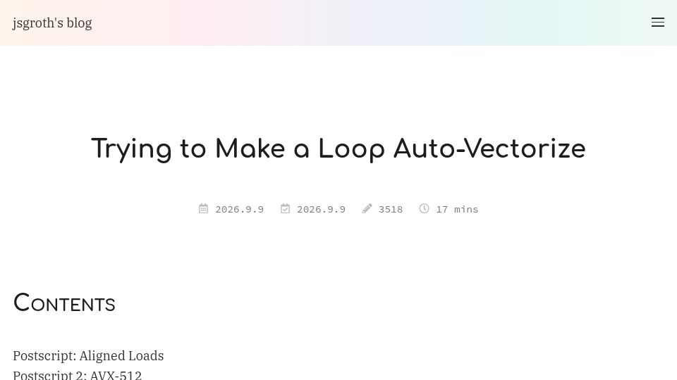Screenshot of jsgroth.dev: Trying to Make a Loop Auto-Vectorize
