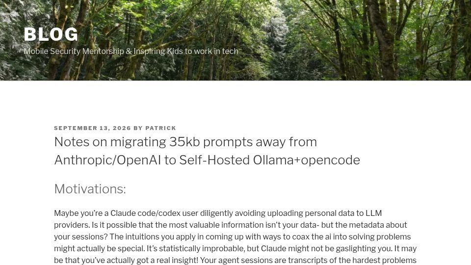 Screenshot of patrickmccanna.net: Notes on gotchas while migrating 35kb preprompts from Opus to self-hosted Ollama