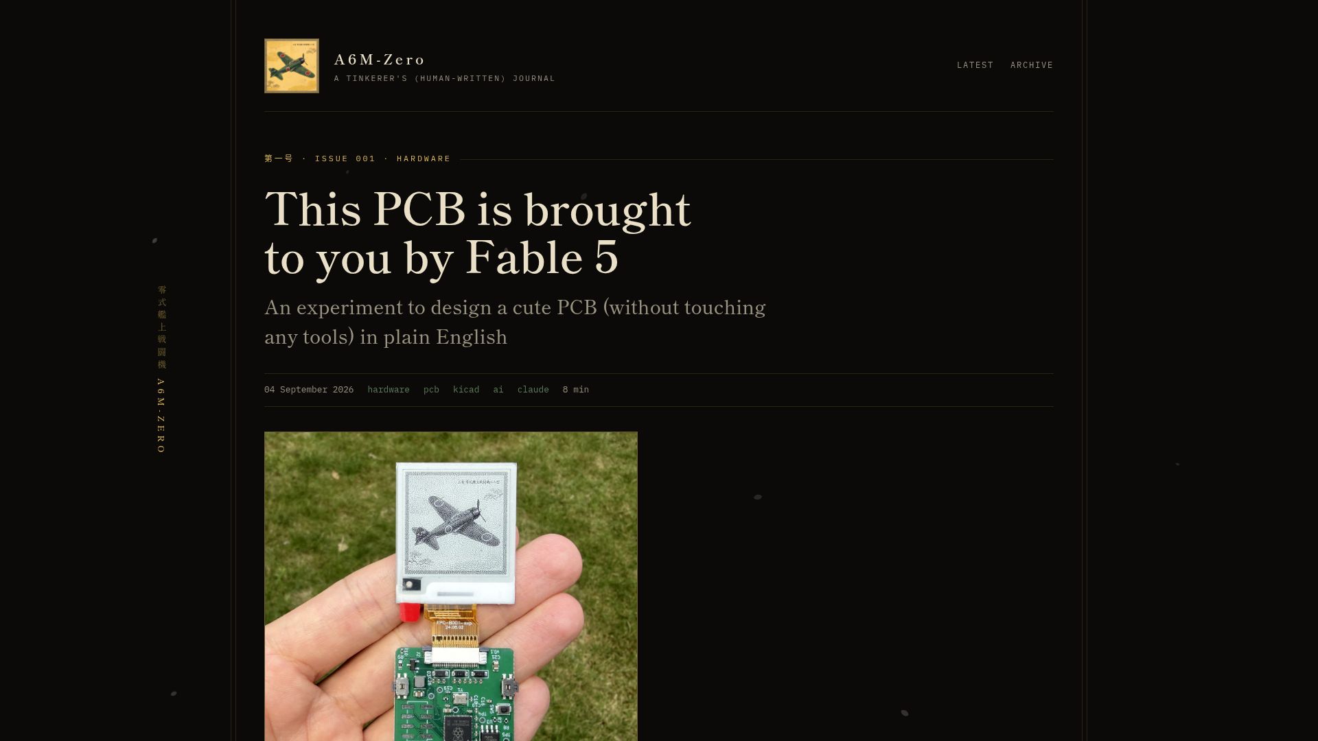 Screenshot of a6mzero.com: PCB is brought to you by Fable 5