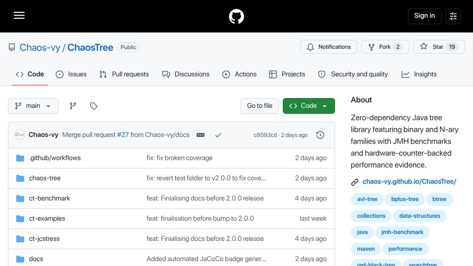 Screenshot of github.com: Show HN: ChaosTree – A zero-dependency Java tree library (AVL,RBT,B-Tree,B+Tree)