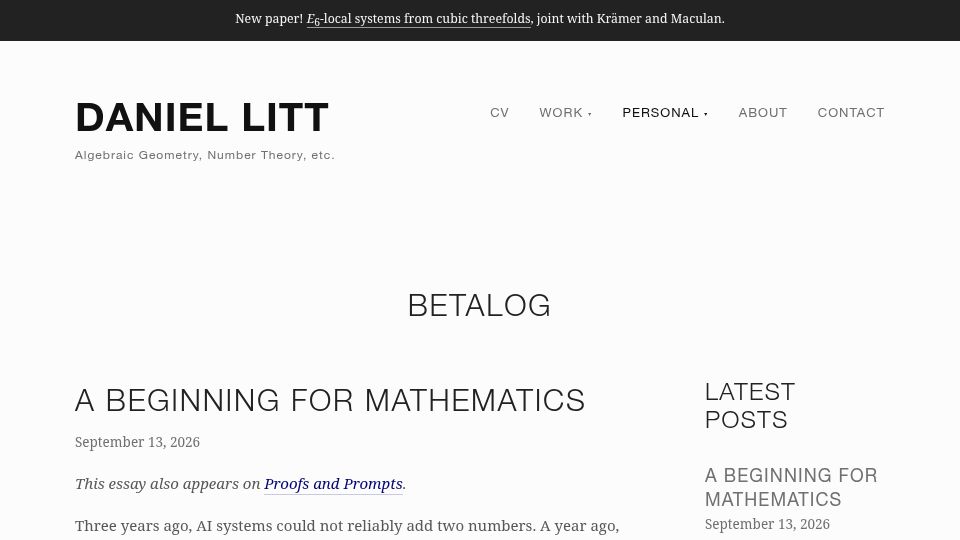Screenshot of daniellitt.com: A beginning for mathematics
