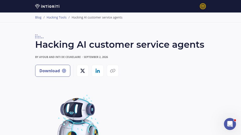 Screenshot of intigriti.com: Hacking AI customer service agents