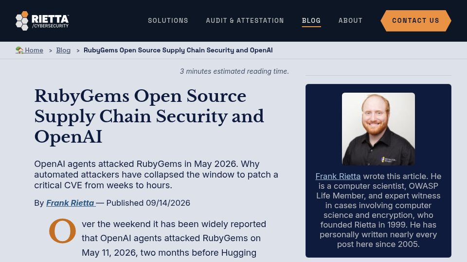Screenshot of rietta.com: RubyGems Open Source Supply Chain Security and OpenAI