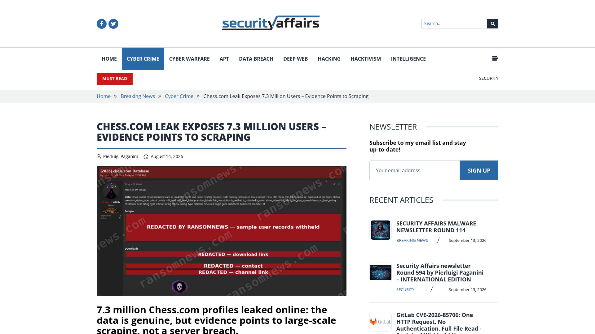 Screenshot of securityaffairs.com: Chess.com Leak Exposes 7.3M Users, Evidence Points to Scraping