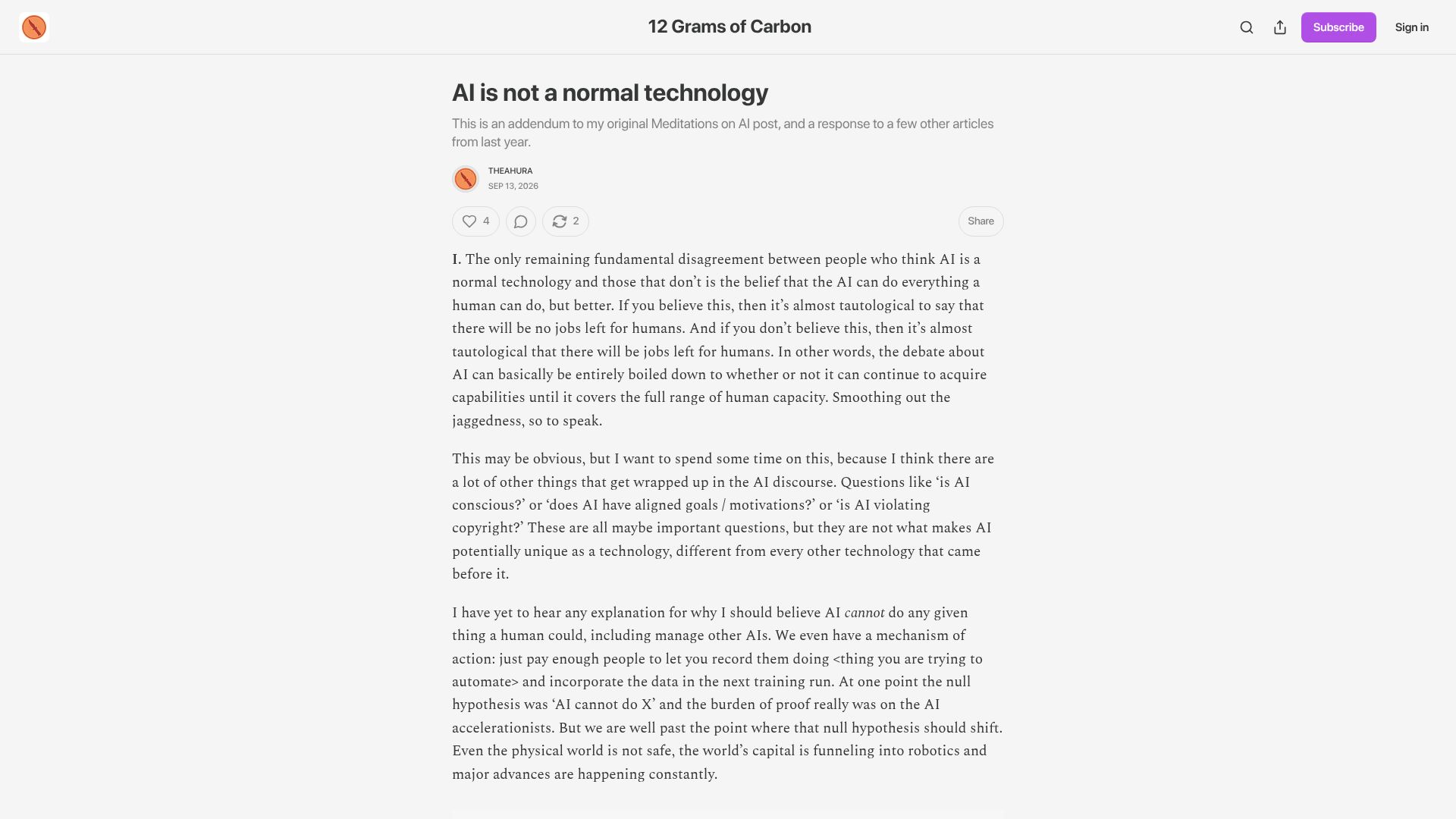 Screenshot of 12gramsofcarbon.com: AI is not a normal technology