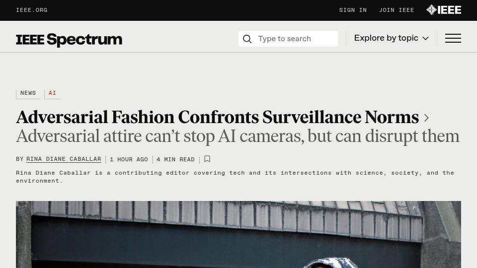 Screenshot of spectrum.ieee.org: Adversarial Fashion Makes a Statement on AI Panopticon