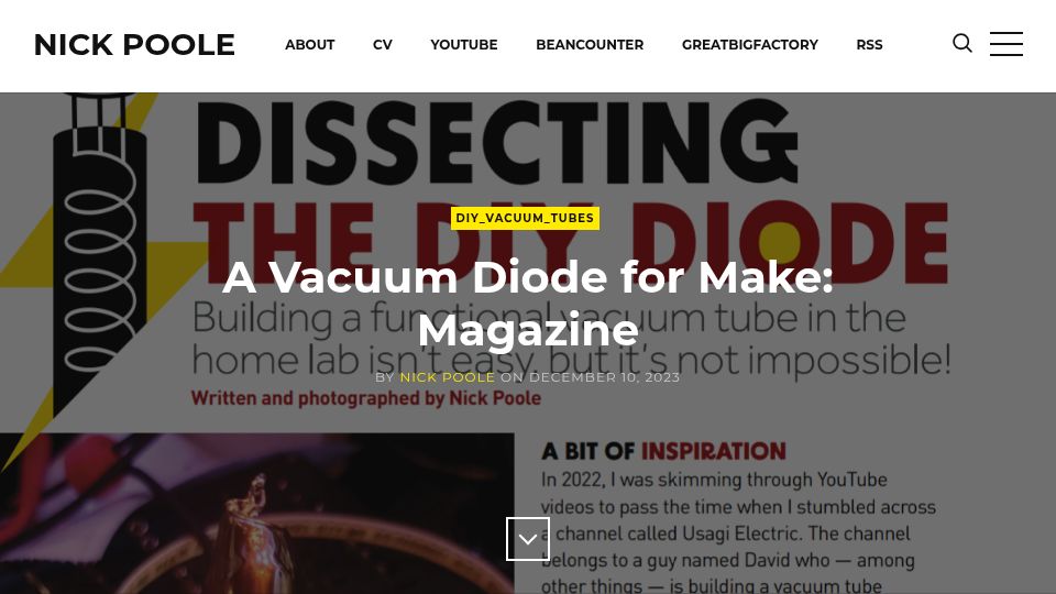 Screenshot of nickpoole.me: A Vacuum Diode for Make: Magazine