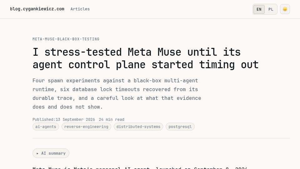 Screenshot of blog.cygankiewicz.com: I stress-tested Meta Muse until its agent control plane started timing out