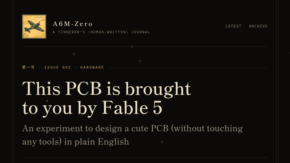 Screenshot of a6mzero.com: PCB is brought to you by Fable 5