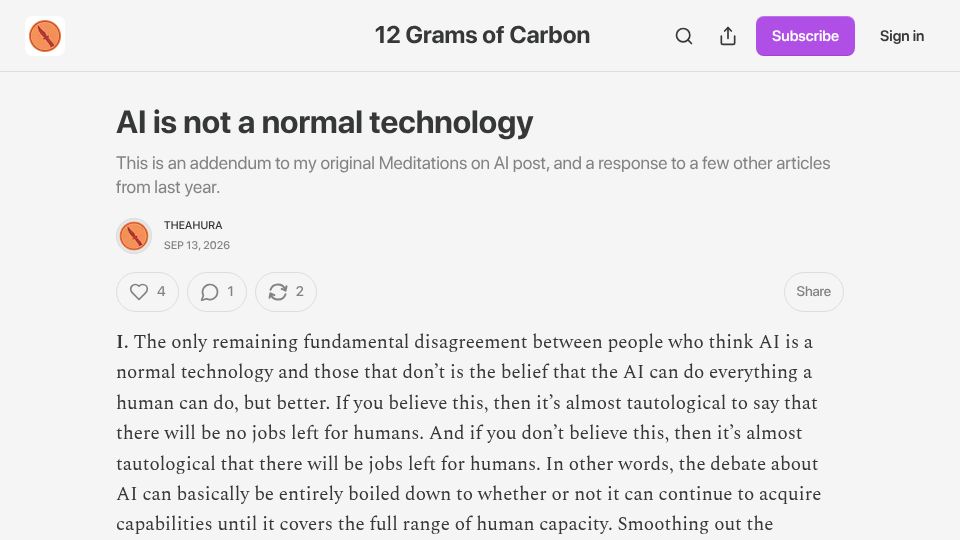 Screenshot of 12gramsofcarbon.com: AI is not a normal technology