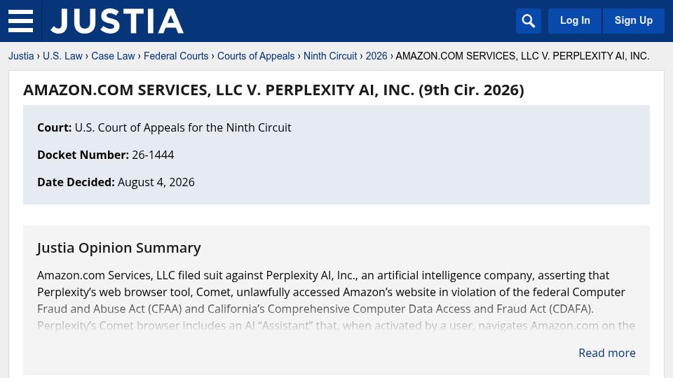 Screenshot of law.justia.com: Amazon vs. Perplexity – U.S. Court of Appeals for the Ninth Circuit