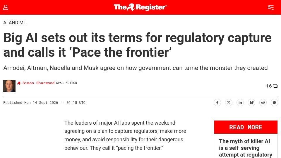Screenshot of theregister.com: Big AI sets out its terms for regulatory capture