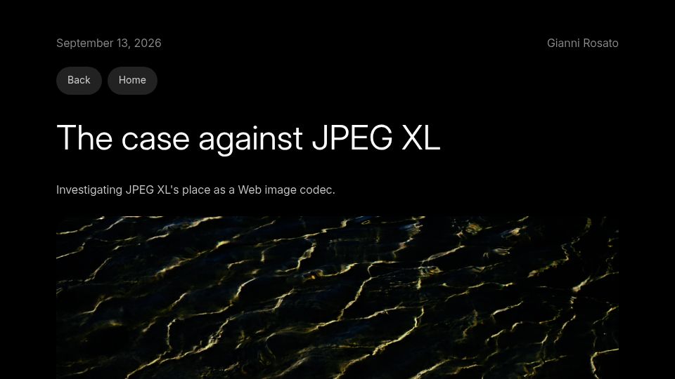 Screenshot of giannirosato.com: The case against JPEG XL