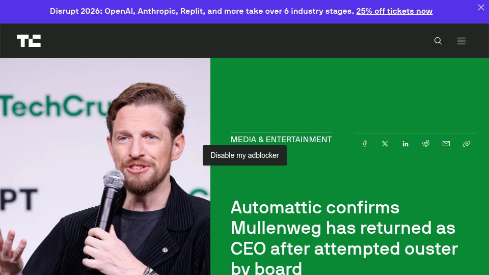 Screenshot of techcrunch.com: Mullenweg has returned as CEO after attempted board ouster