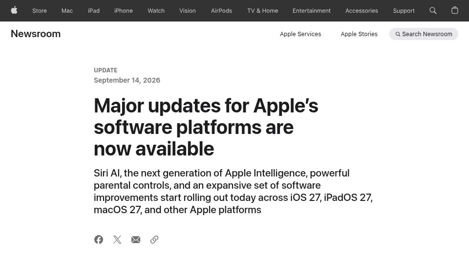 Screenshot of apple.com: iOS 27, iPadOS 27, and macOS 27