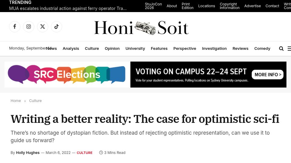 Screenshot of honisoit.com: Writing a better reality: The case for optimistic sci-fi (2022)