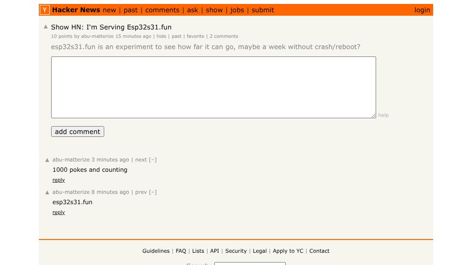 Screenshot of Hacker News post: Show HN: I'm Serving Esp32s31.fun