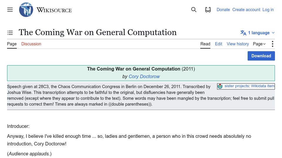 Screenshot of en.wikisource.org: The Coming War on General Computation (2011)