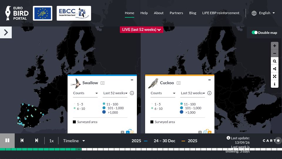 Screenshot of eurobirdportal.org: EuroBirdPortal – Live bird movements across Europe