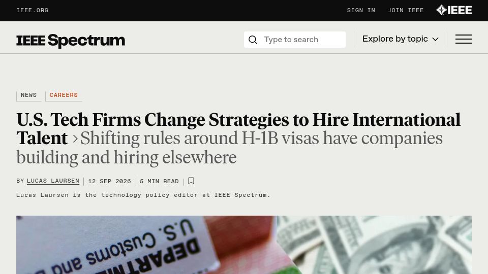Screenshot of spectrum.ieee.org: New $100K H-1B Visa Fee Pushes Tech Jobs Offshore