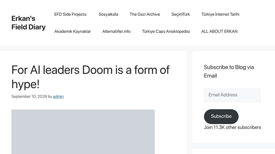 Screenshot of erkansaka.net: For AI leaders Doom is a form of hype