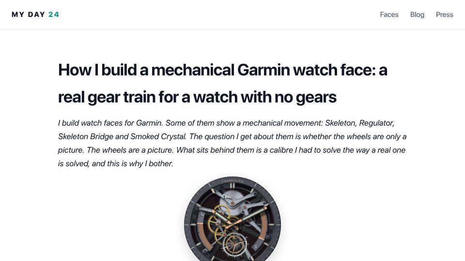 Screenshot of myday24.com: I build a mechanical watch face: a real gear train for a watch with no gears